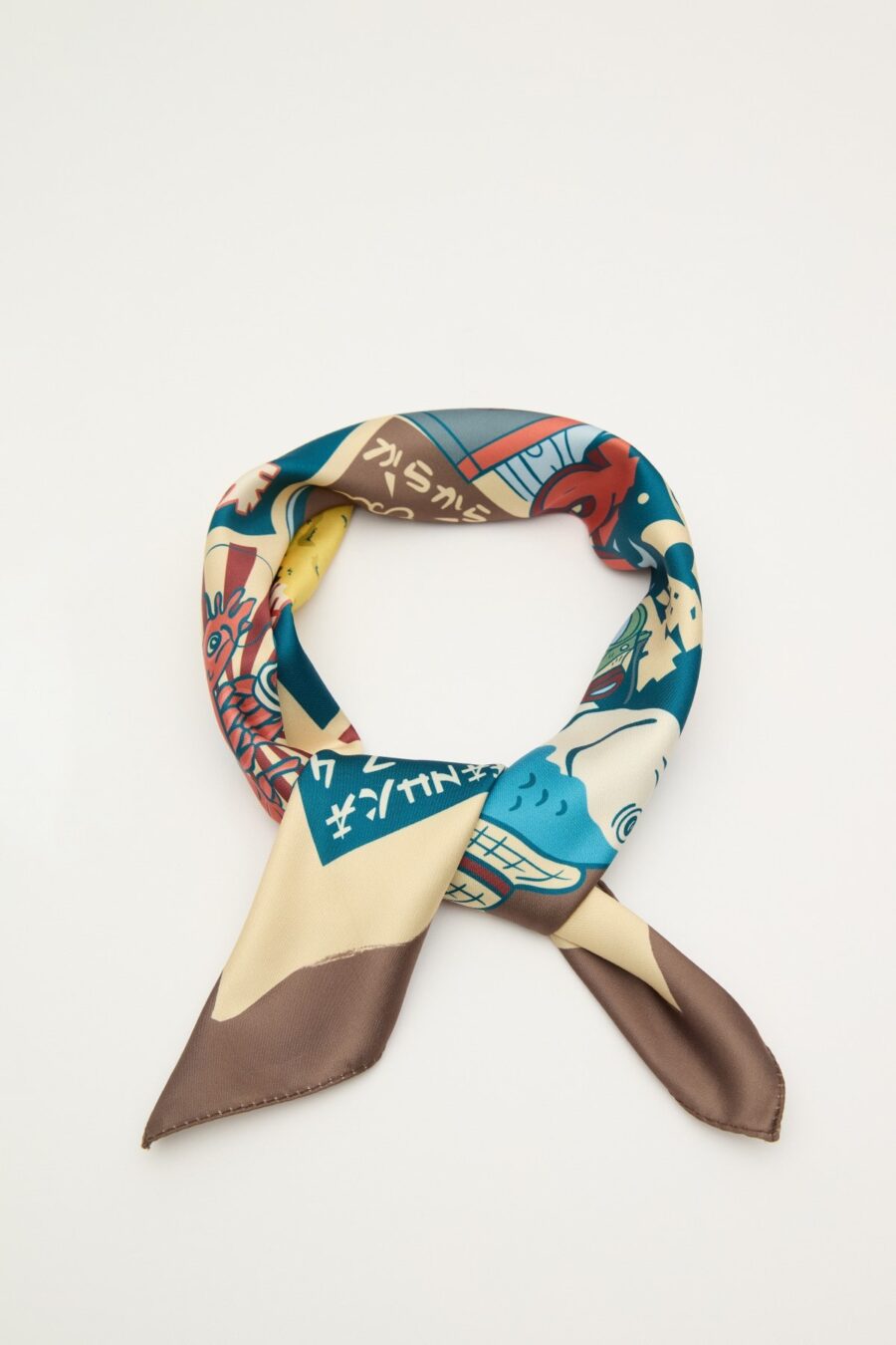 Patterned satin neck scarf japanese culture brown