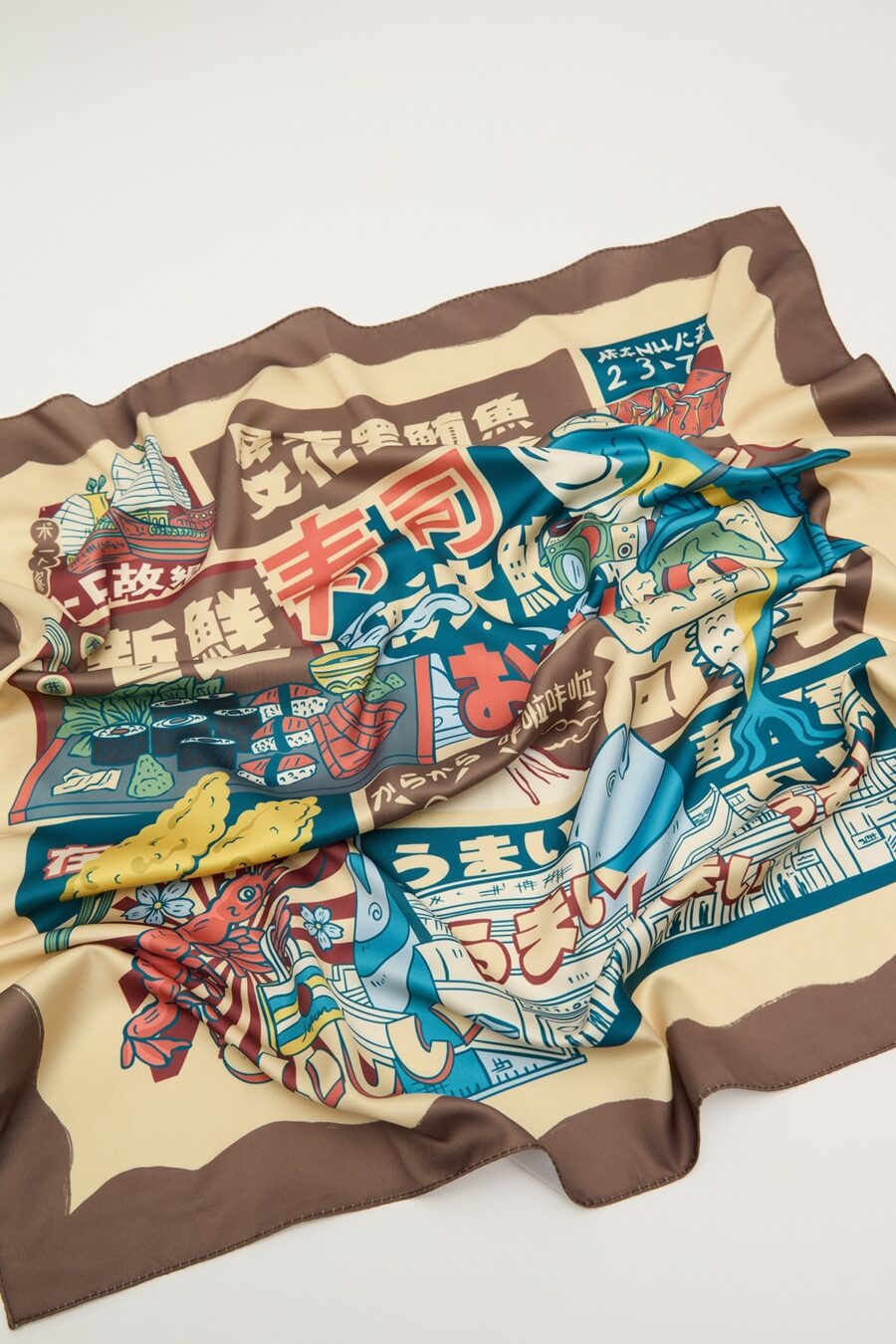 Patterned satin neck scarf japanese culture brown