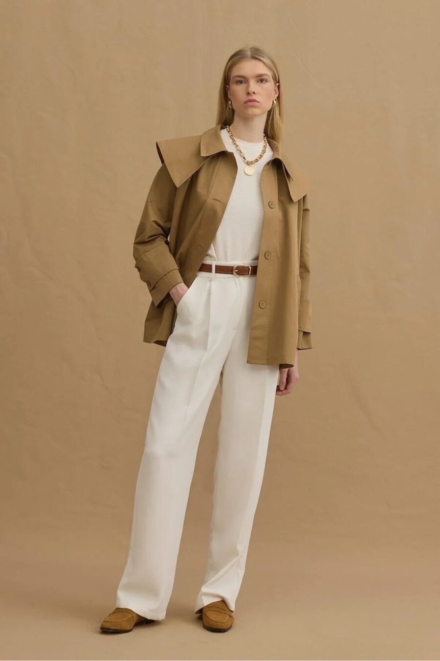 Camel detachable-collar trench coat