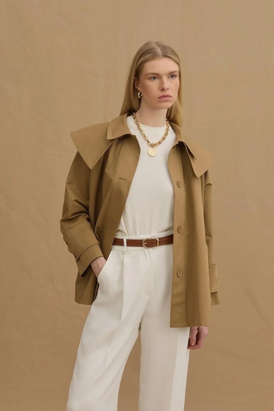 Camel detachable-collar trench coat
