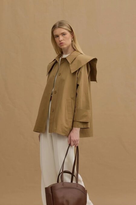 Camel detachable-collar trench coat