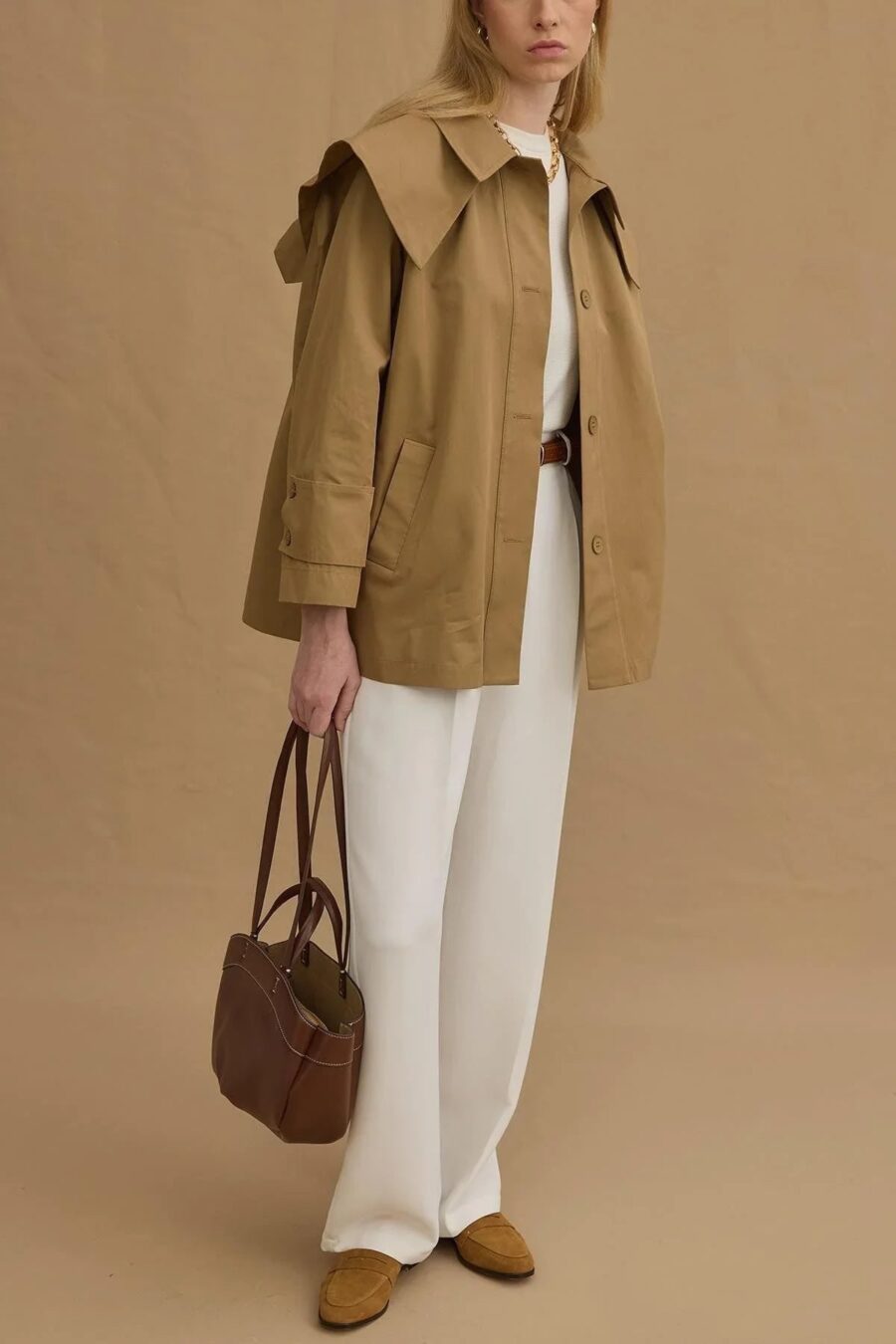 Camel detachable-collar trench coat