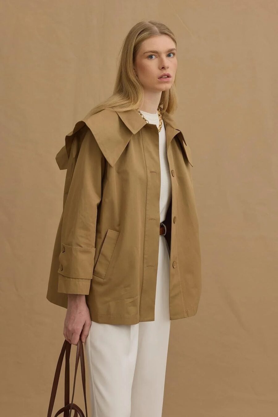 Camel detachable-collar trench coat