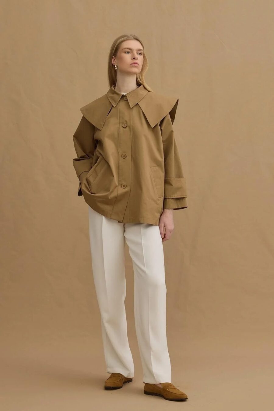 Camel detachable-collar trench coat