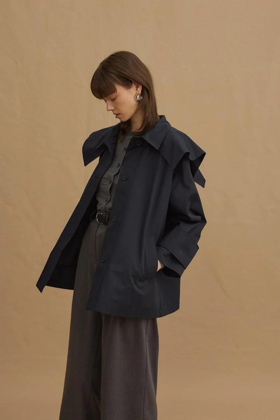 Navy detachable-collar trench coat