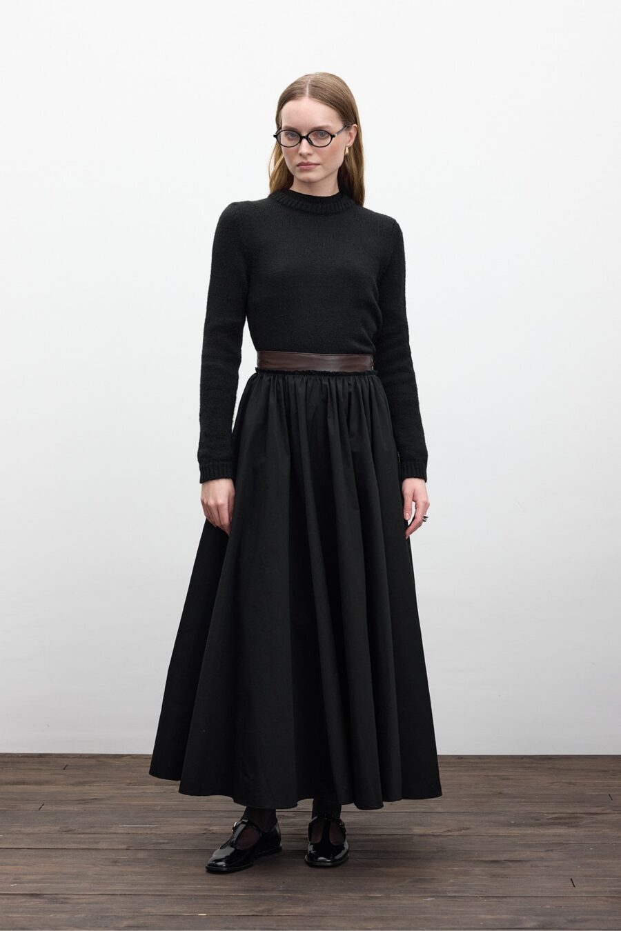 black-wide-leather-trim-skirt-KanStore-Lebanon Black wide leather-trim skirt