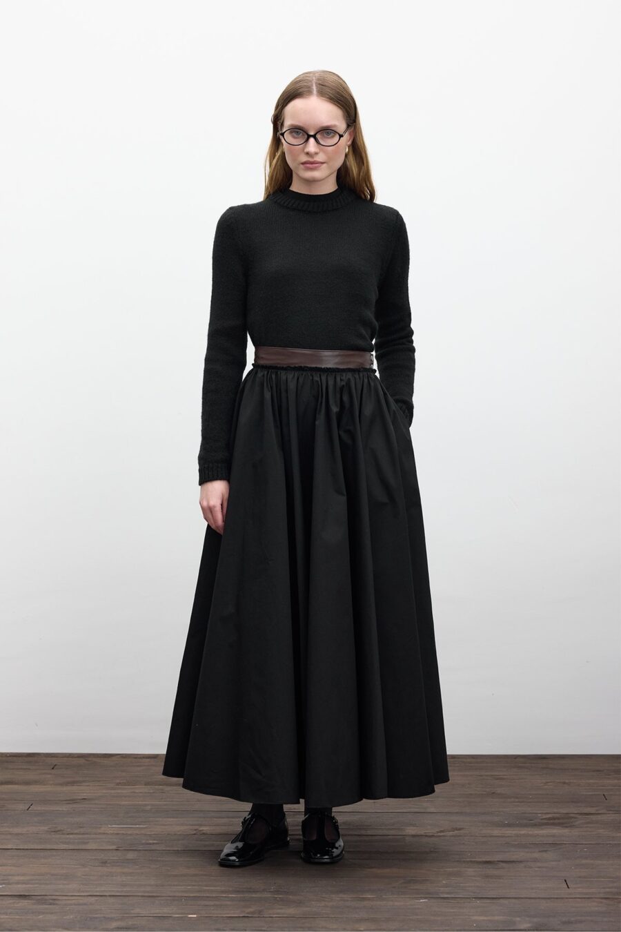 black-wide-leather-trim-skirt-KanStore-Lebanon Black wide leather-trim skirt