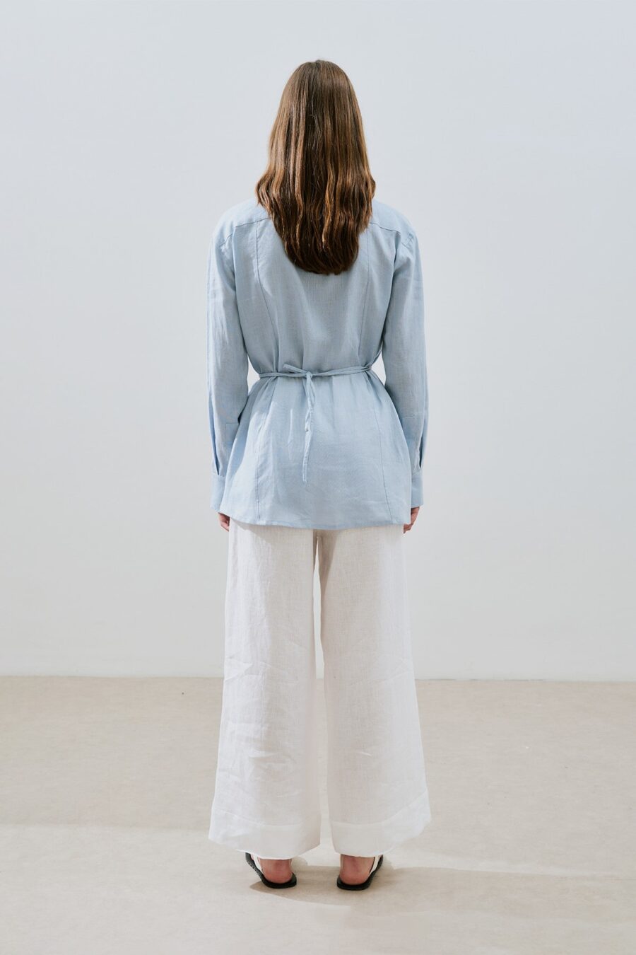 Blue linen shirt with tie detail