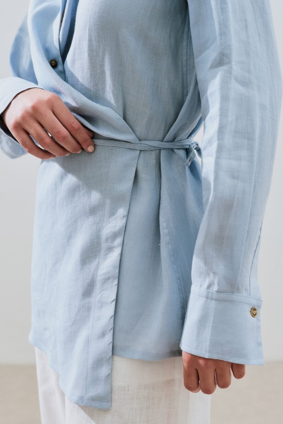 Blue linen shirt with tie detail