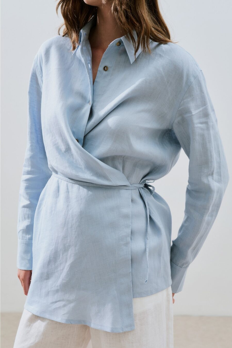 Blue linen shirt with tie detail