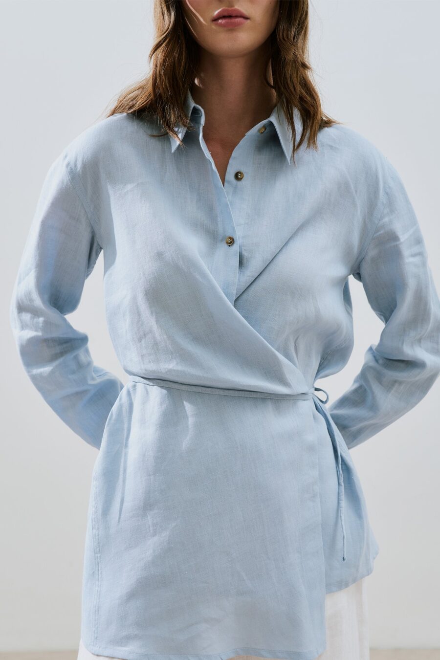 Blue linen shirt with tie detail