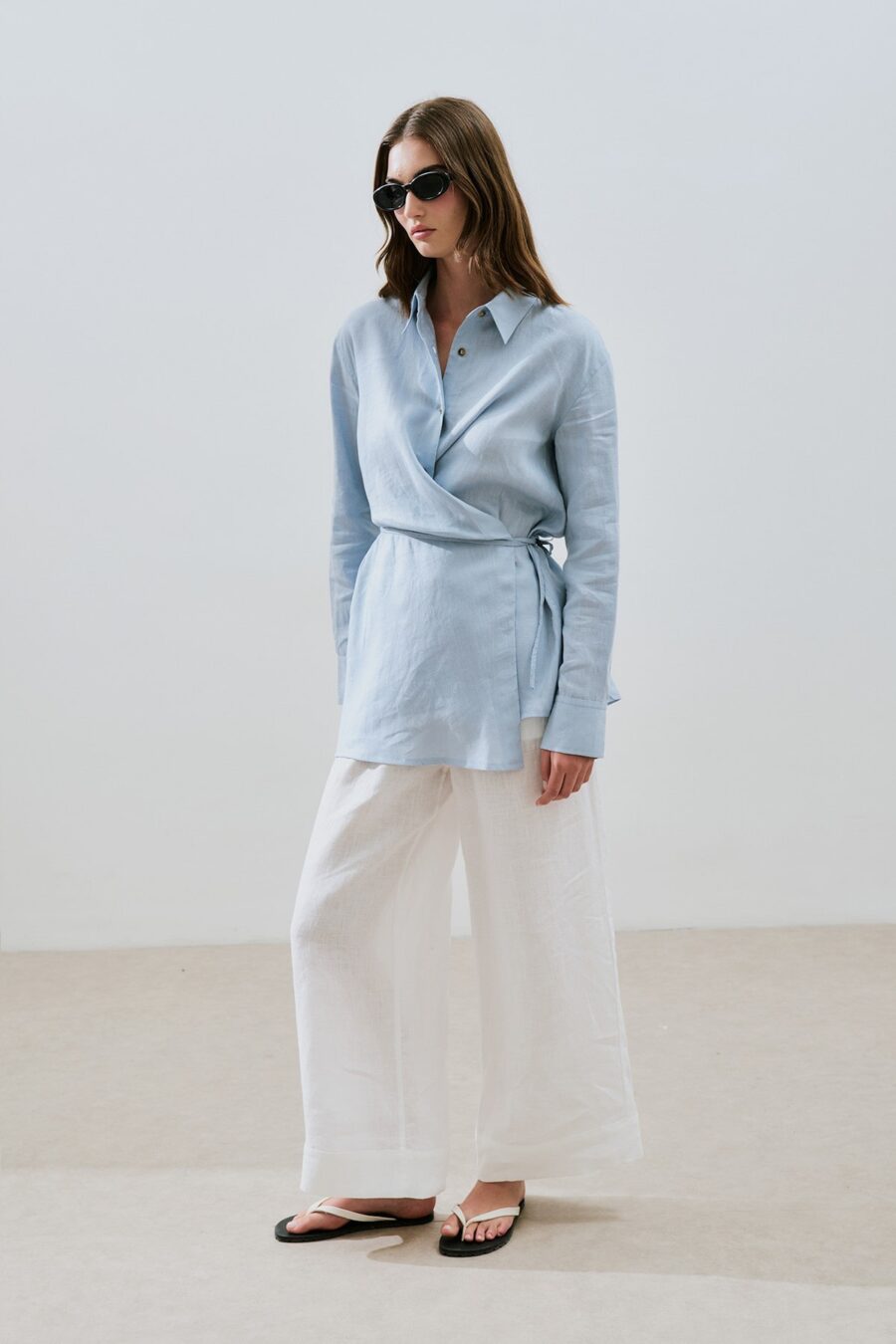 Blue linen shirt with tie detail