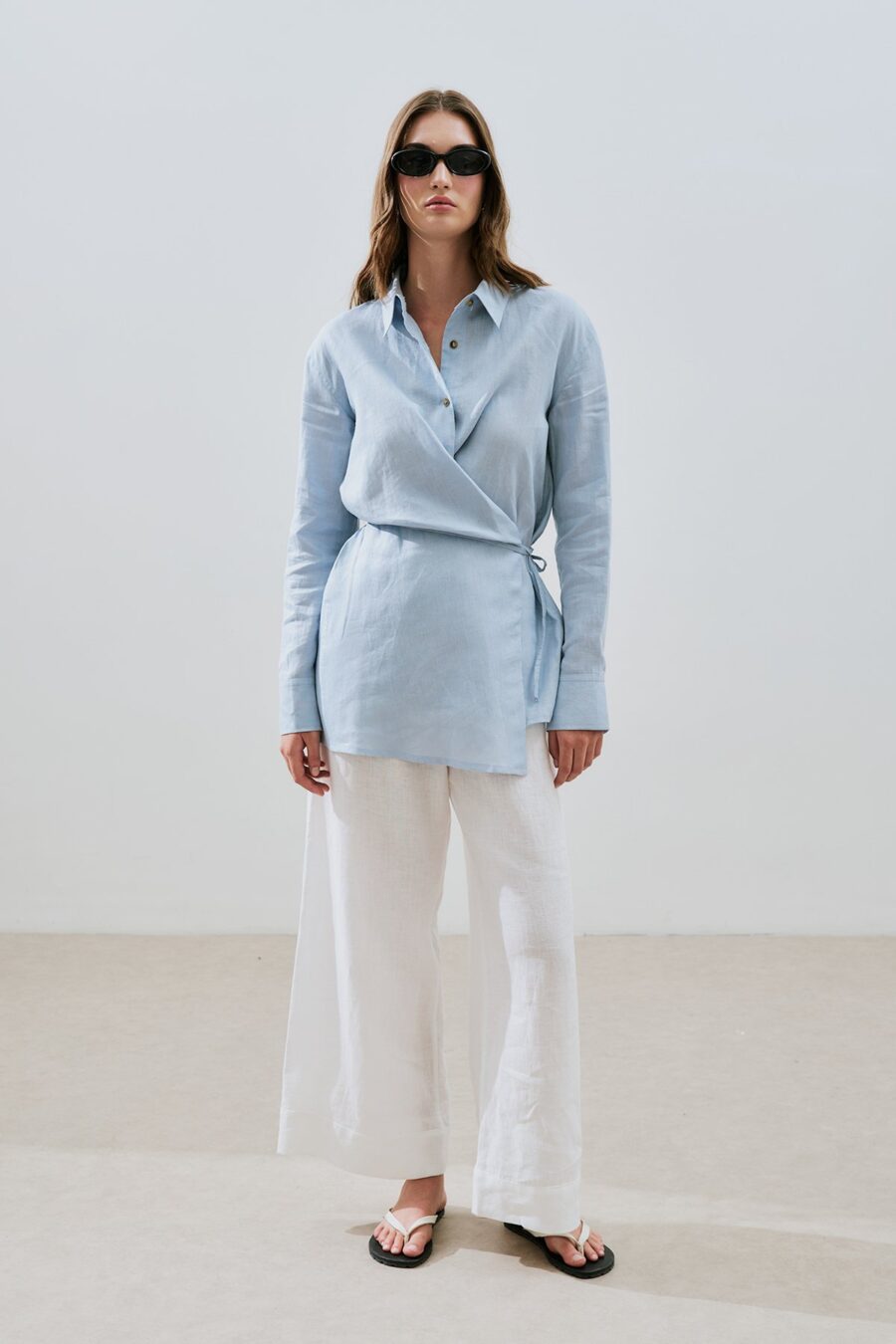 Blue linen shirt with tie detail