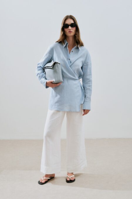 Blue linen shirt with tie detail