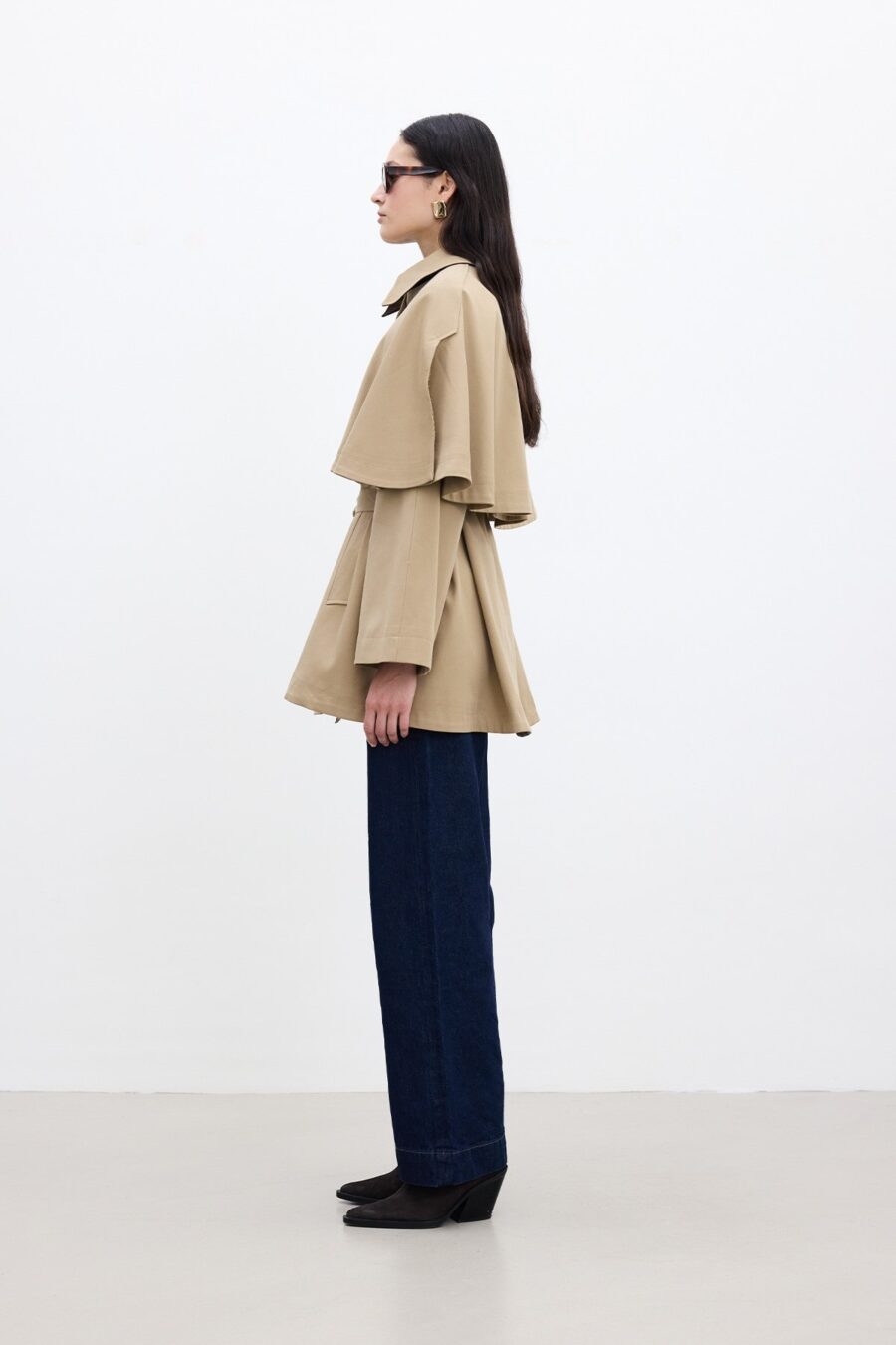 Camel trench coat with cape detail