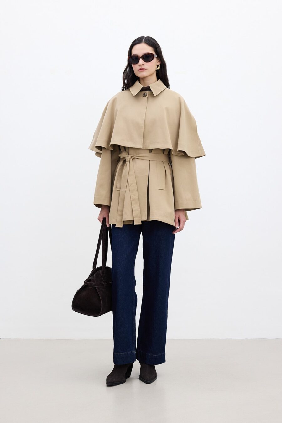 Camel trench coat with cape detail