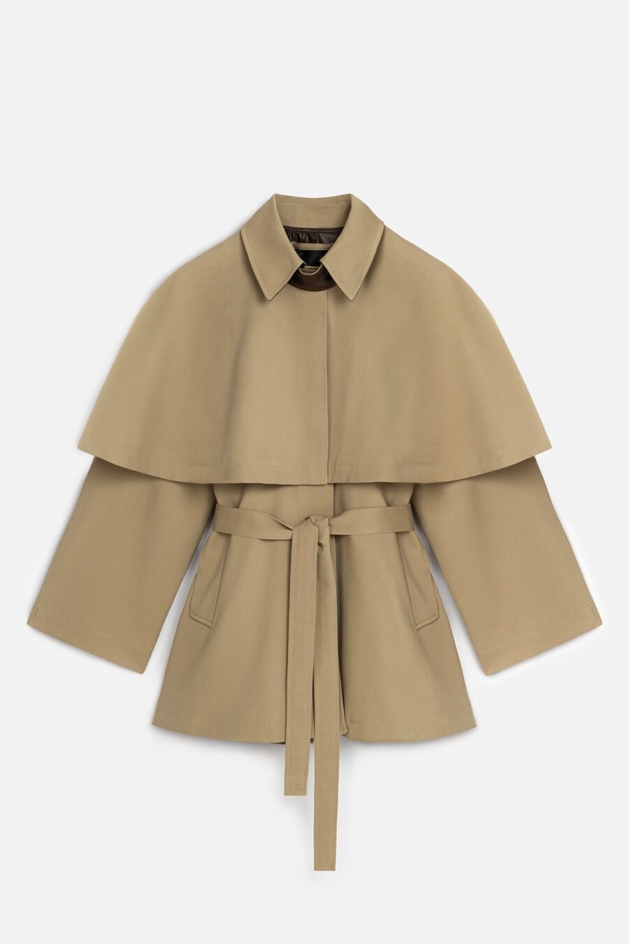 Camel trench coat with cape detail