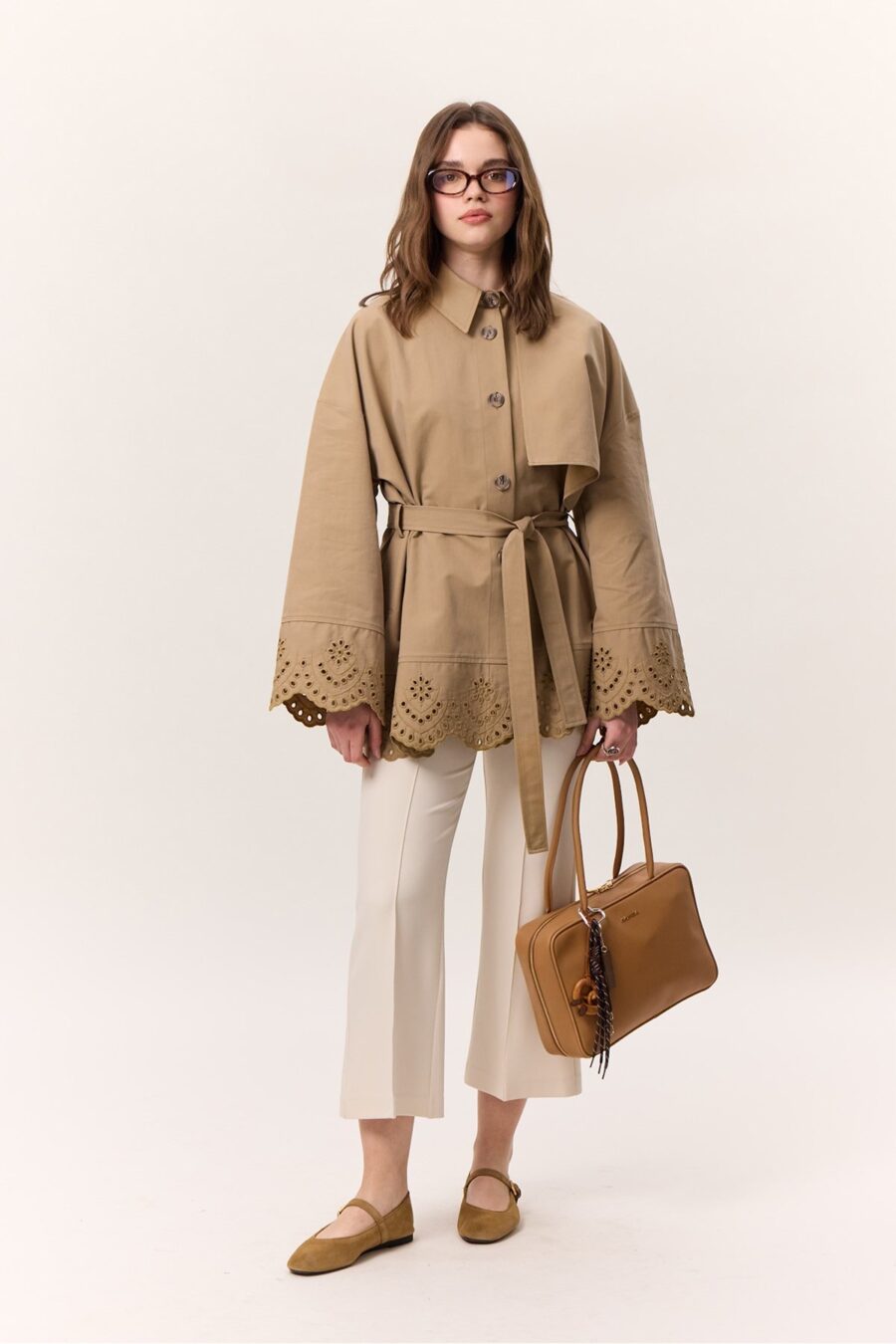 Embroidery detailed design trench coat camel