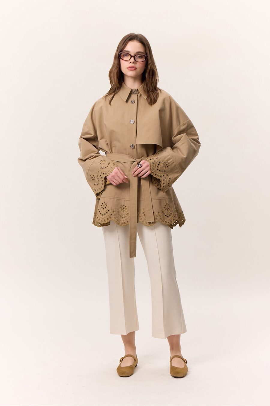 Embroidery detailed design trench coat camel