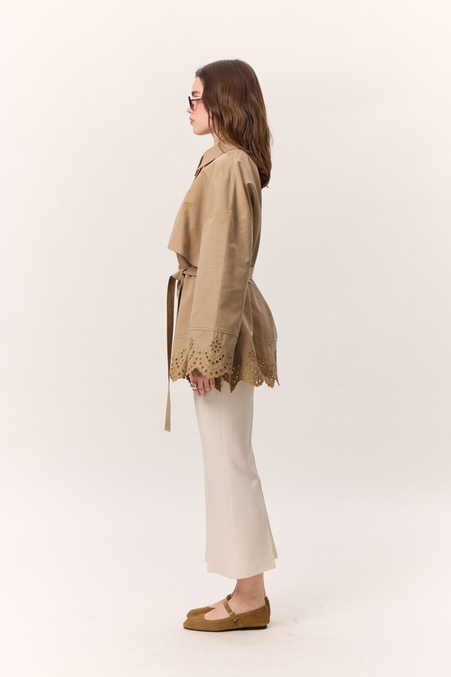 Embroidery detailed design trench coat camel