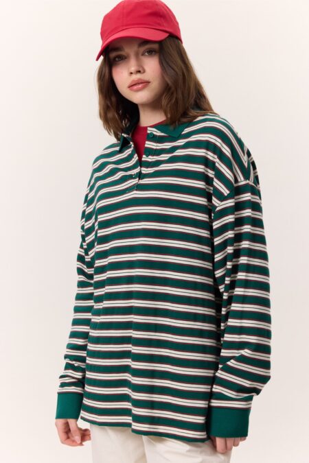Green striped polo sweatshirt
