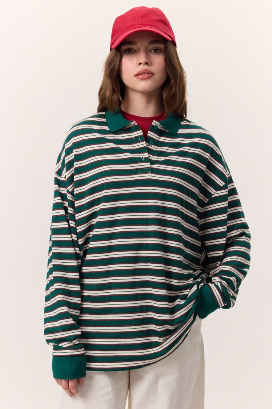 Green striped polo sweatshirt