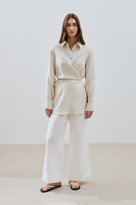 Stone linen shirt with tie detail