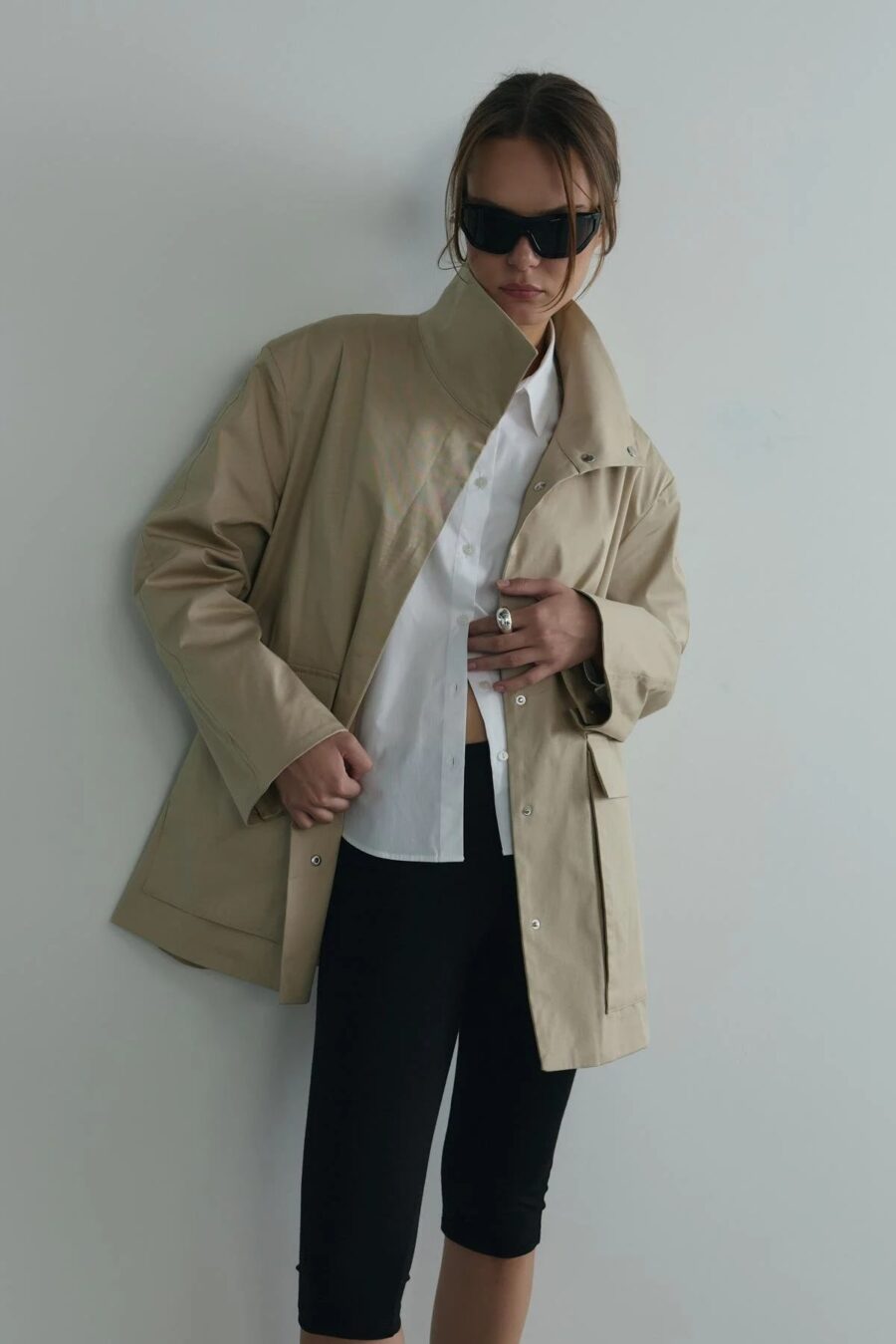 Beige rael stand collar trench coat
