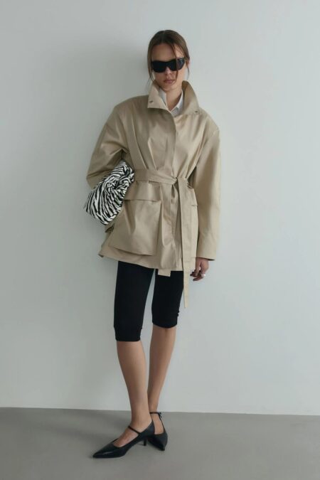 Beige rael stand collar trench coat