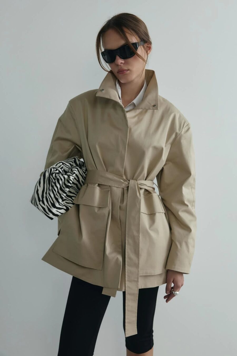 Beige rael stand collar trench coat