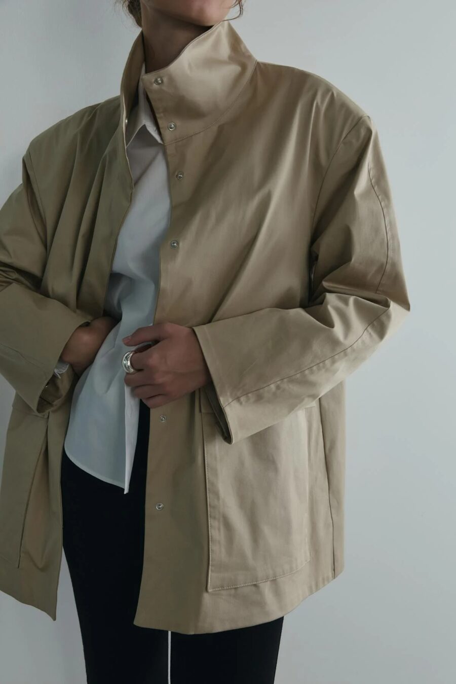 Beige rael stand collar trench coat