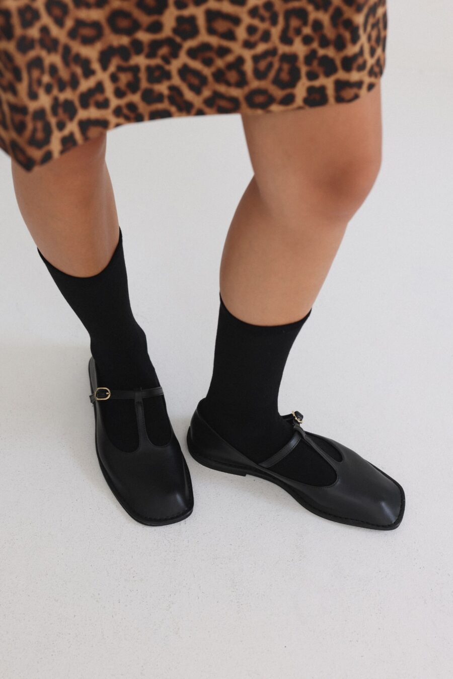 Black cutout leather ballerina flats