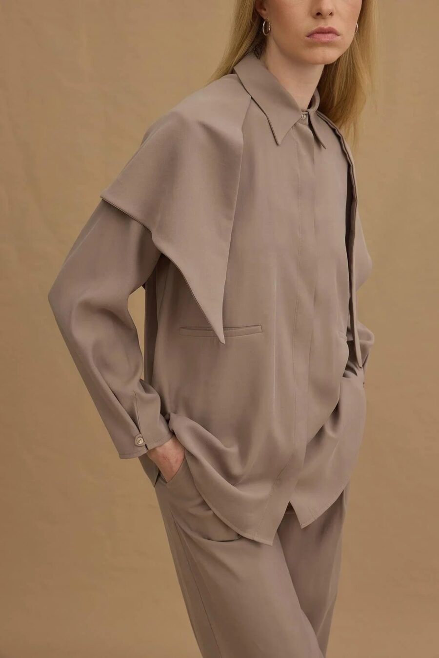 Stone tencel suit with scarf detail