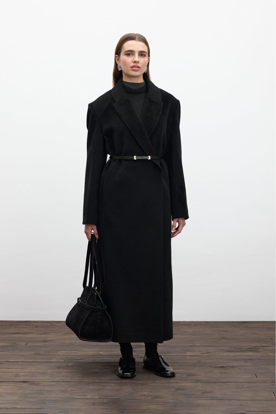 Belted long cachet coat black
