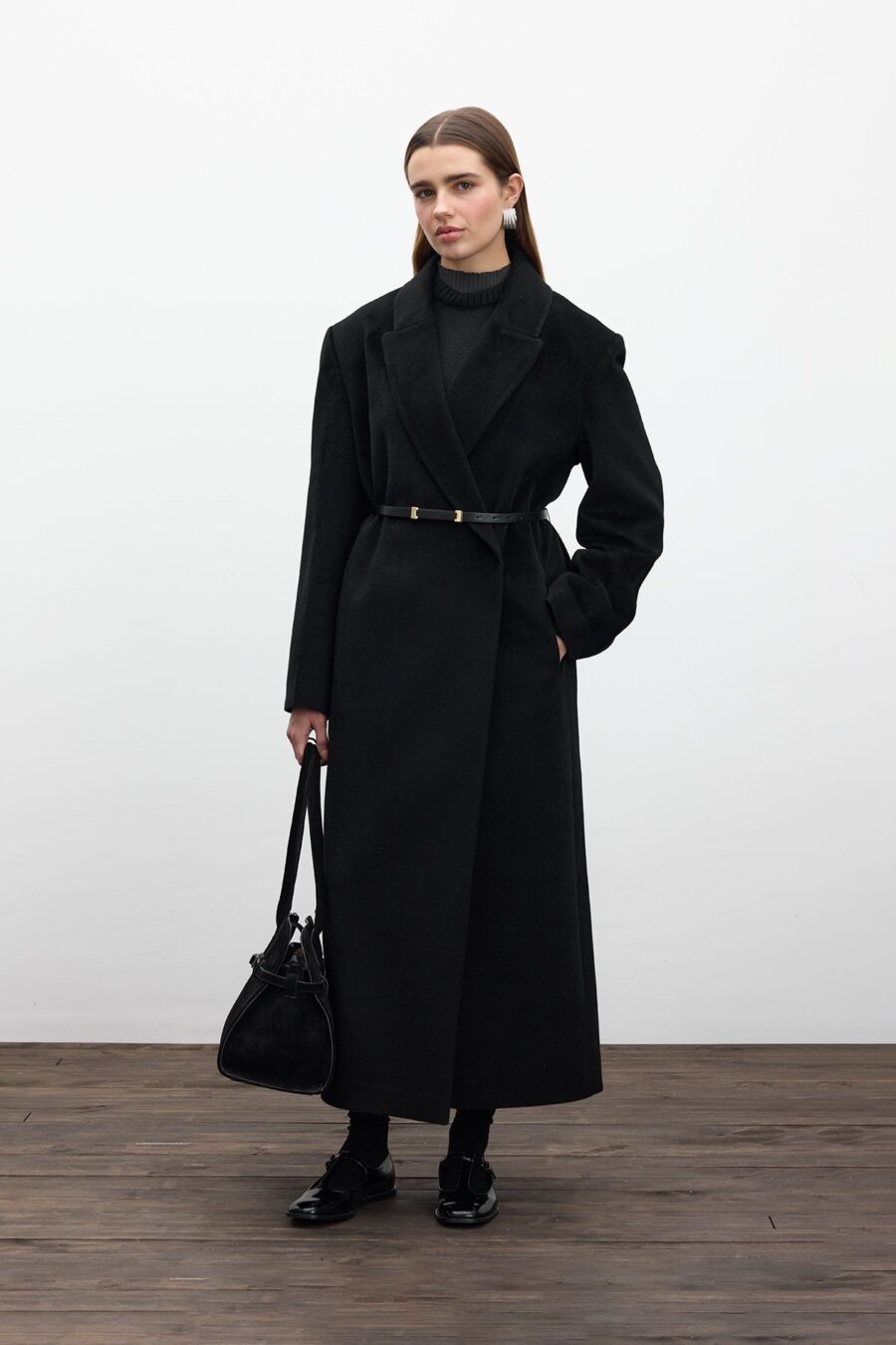 Belted long cachet coat black