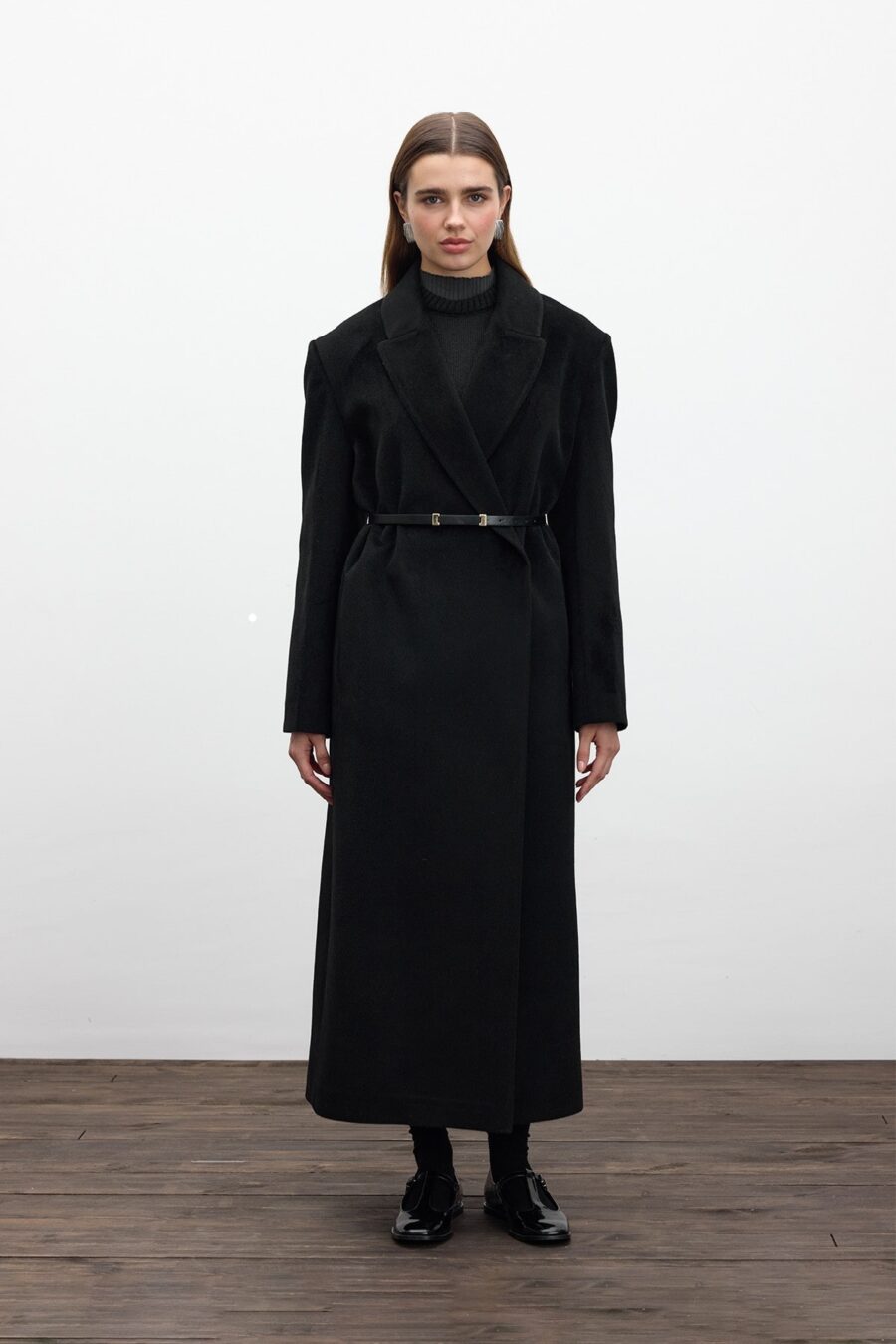 Belted long cachet coat black