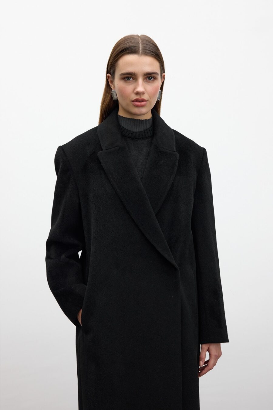 Belted long cachet coat black