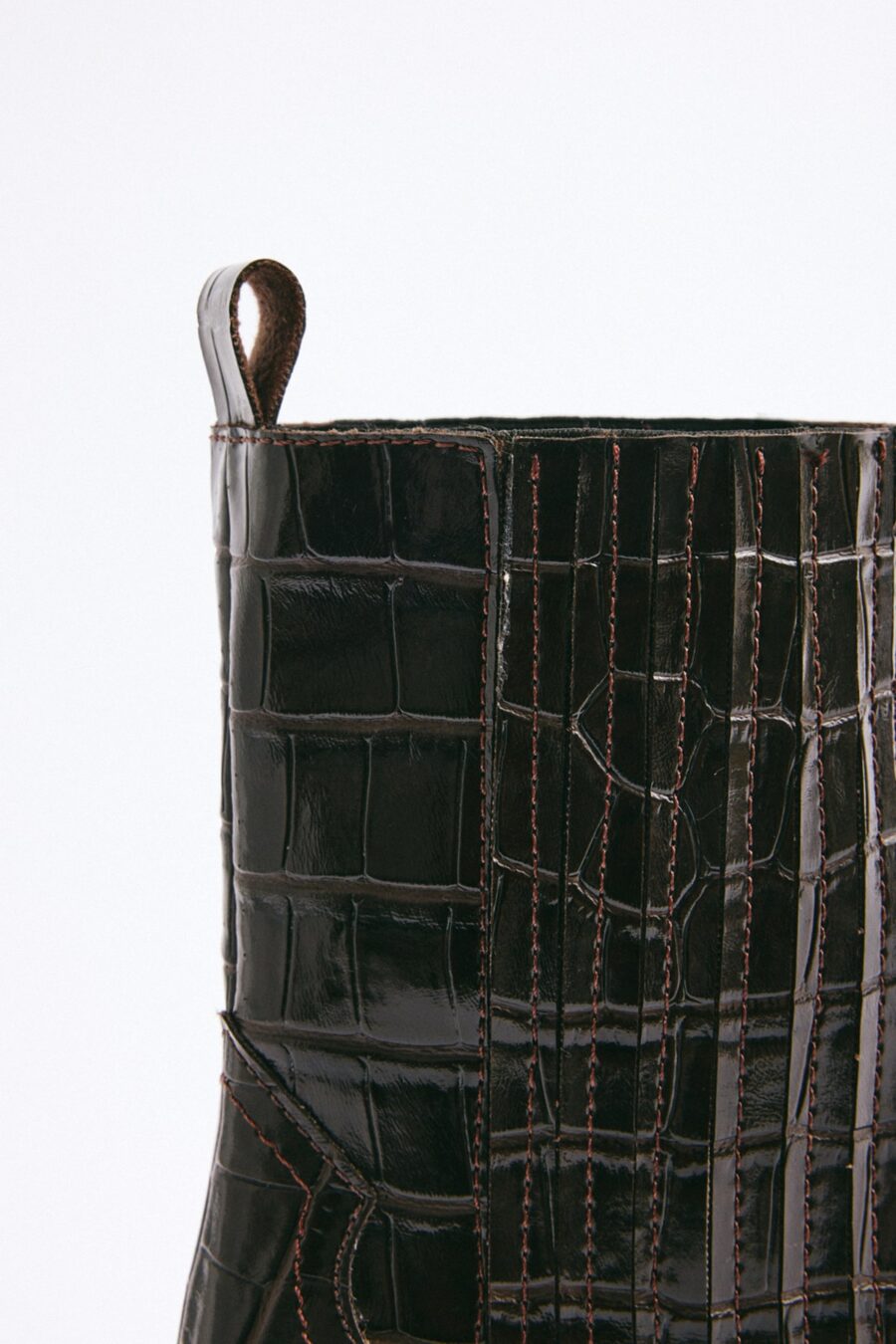 Dark brown croc square-toe elastic ankle boots