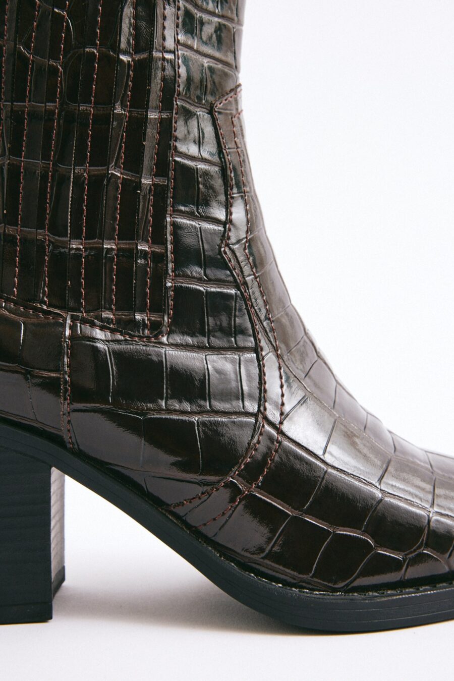 Dark brown croc square-toe elastic ankle boots