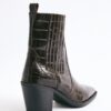 Dark brown croc square-toe elastic ankle boots