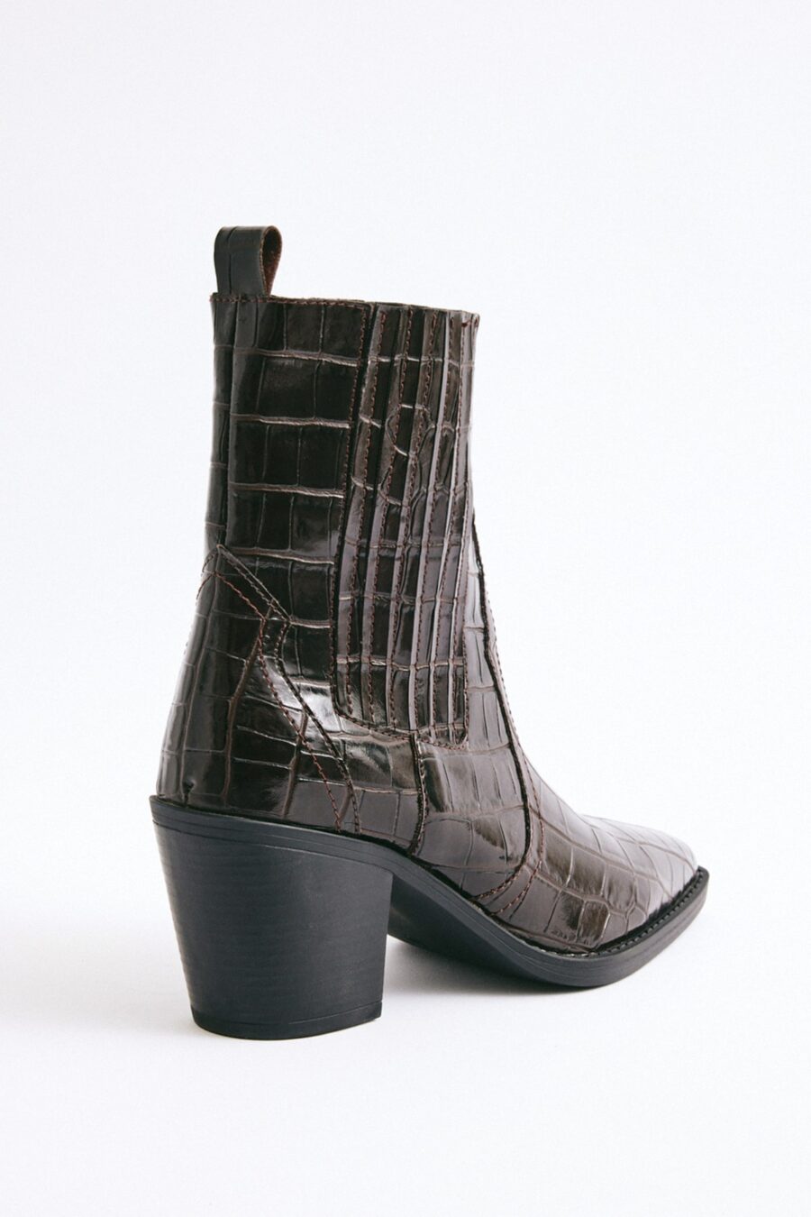 Dark brown croc square-toe elastic ankle boots