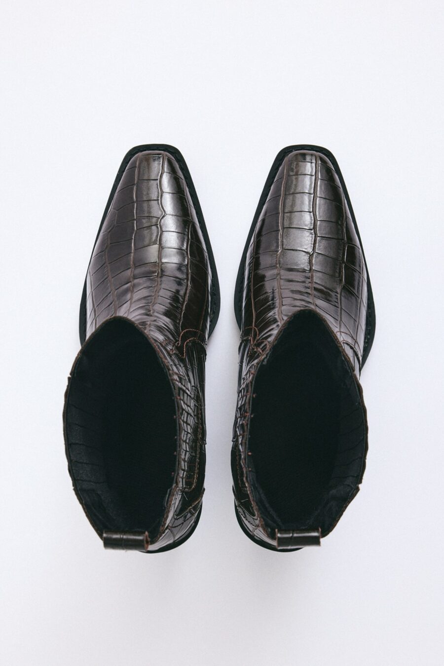 Dark brown croc square-toe elastic ankle boots