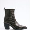 Dark brown croc square-toe elastic ankle boots