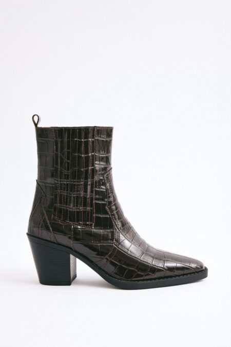 Dark brown croc square-toe elastic ankle boots