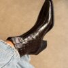 Dark brown croc square-toe elastic ankle boots