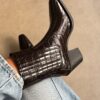 Dark brown croc square-toe elastic ankle boots