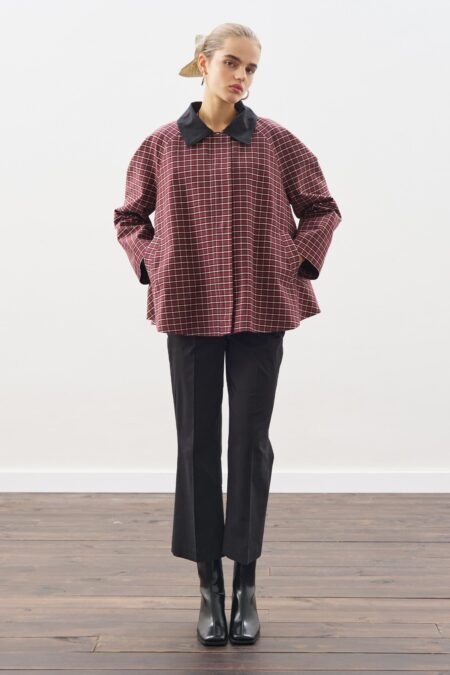 Plaid contrast-collar trench coat