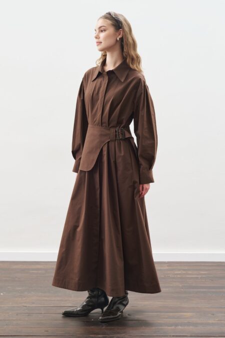 Brown belted pleated dress