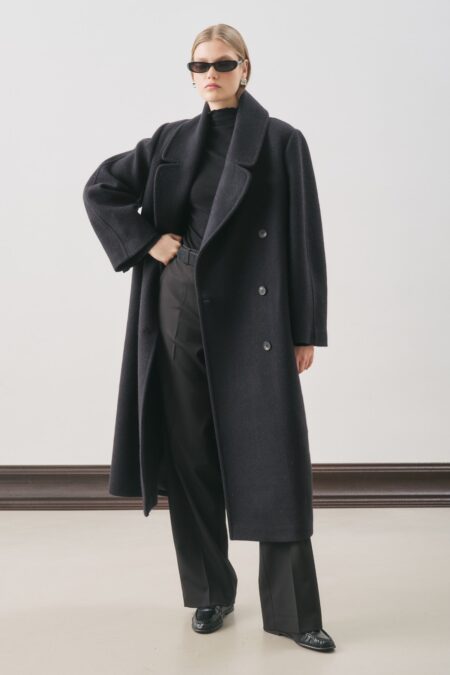 Black double-breasted wool coat