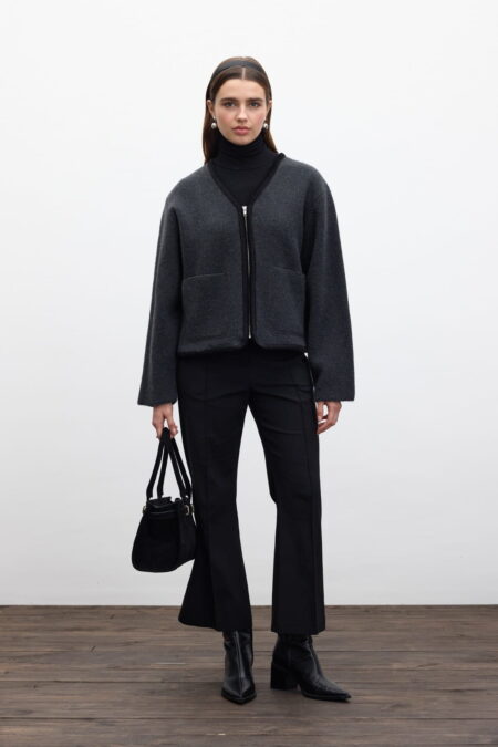 Plain knit zippered knit cardigan charcoal